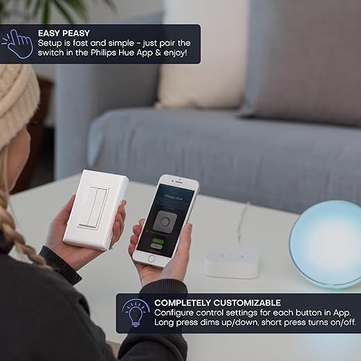 RunLessWire Click for Philips Hue – Battery-Free Wireless Smart Light Switch, 30ft Range – Works Natively with Philips Hue Bridge – Wall Mount Kinetic Switch - Decora Style, Ivory