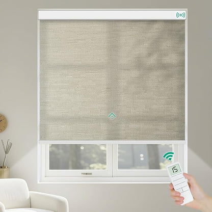 Kilonity Motorized Roller Shades, Light Filtering Remote Control Custom Window Shades Compatible with Alexa Google Assistant via RF Hub, Rechargeable Electric Blinds for Windows (Texture Dark Coffee)