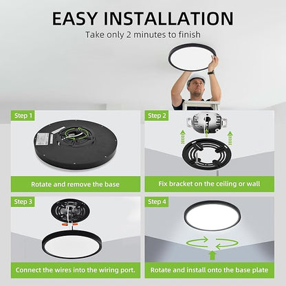 hykolity 2 Pack 12 Inch Selectable CCT LED Round Flat Panel Light, 24W, 3000K/4000K/5000K, Edge-Lit Flush Mount Ceiling Light Fixture for Kitchen, Bedroom and Closet Room, Black