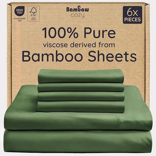Bambaw 100% Viscose Derived from Bamboo Sheets King Size Set – 6pcs Set of Cooling Sheets for Hot Sleepers, Fits Up to 16'' Mattresses, Super Soft & Luxury Bedding Sets King (Olive)