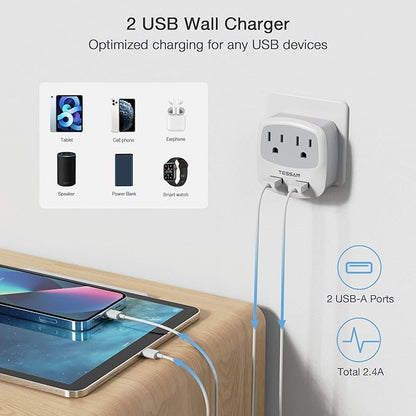 European Travel Plug Adapter Converter, TESSAN International Power Plug Converter with 2 USB, Type C Outlet Adaptor Charger for US to Most of Europe EU Iceland Spain Italy France Germany