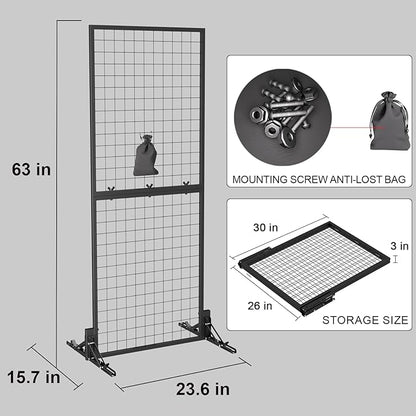 Grid Wall Display Panel Heavy-Duty Foldable, 2ft x 6ft Black Wire Wall Grid 1-Pack with 10 Hooks, Spring-Loaded Pins( Flat Base) for Retail Display Racks,Vendor Booth Display Stand, Trade Exhibits