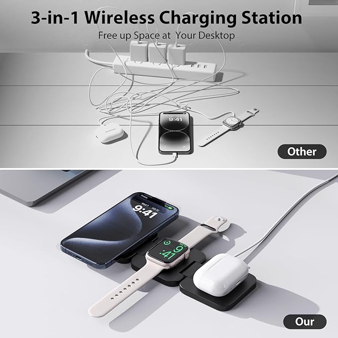 Fast Wireless Charger, Magnetic Foldable 3 in 1 Charging Station for iPhone 16/15/14/13/12/Pro/Plus/Pro Max, 5W Portable Charger for Apple Watch10/9/8/7/6/5/4/3/SE, for Airpods3/2/Pro-Black