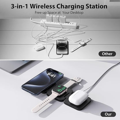 Fast Wireless Charger, Magnetic Foldable 3 in 1 Charging Station for iPhone 16/15/14/13/12/Pro/Plus/Pro Max, 5W Portable Charger for Apple Watch10/9/8/7/6/5/4/3/SE, for Airpods3/2/Pro-Black