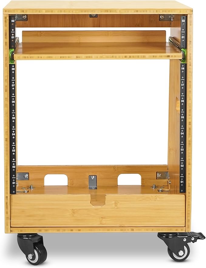 Sound Town DIY Solid Carbonized Bamboo Slanted 10U Studio Rack (2U Top + 8U Lower), with 2U Bottom Storage, Slide-Out Tray, Caster, For Recording Room, Home Studio (STBR-ST10T)