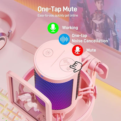 MAONO Gaming Microphone with Noise Cancellation, USB Condenser Mic for Streaming, Podcast, Twitch, YouTube, Discord, PC Desktop Computer Mic for PS5, GamerWave DGM20 Pink
