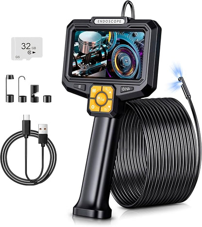 5" Dual-View Handle Endoscope Camera,2MP Front&Side Lens,IP67 Waterproof 5M Semi-Rigid Cable,360° Probe Control,4-Level LED,3X Zoom,Video&Photo Recording,Inspection Camera for Industrial Use,32GB Card