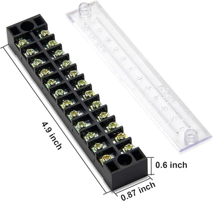 MILAPEAK Terminal Block and Strip - 5pcs 12 Positions 600V 15A Dual Row Screw Terminal Blocks with Cover + 10pcs 400V 15A 12 Positions Pre-Insulated Terminal Barrier Jumper Strips Black & Red