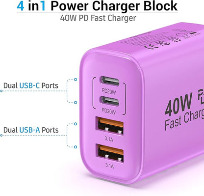 TT&C USB C Block 40W, 4 Ports Wall Plug Fast Charging Block, PD+QC Multiport Power Adapter USB C Charger Type C for iPhone 17,17 Air, 17 Pro,17 Pro Max, 16,15,14,13,12, Galaxy Phones (Purple 1Pack)