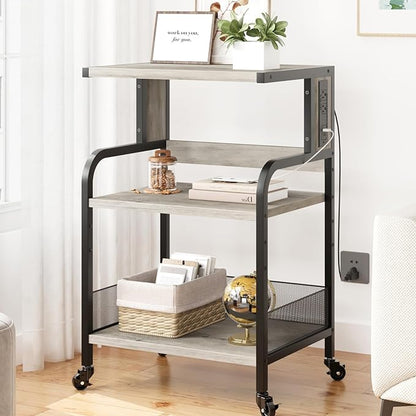 Garvee 3-Tier Large Printer Stand with Power Outlets & USB Ports,Industrial Rolling Printer Cart with Heavy Duty Metal Frame & Adjustable Shelf & Storage & Lockable Wheels for Home Office, Retro Gray
