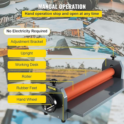 VEVOR 29.5 Inch Cold Laminator Machine 10mm Manual Vinyl Photo Film Cold laminator Hand Crank Pressure Cold Roll laminator(29.5 Inch)