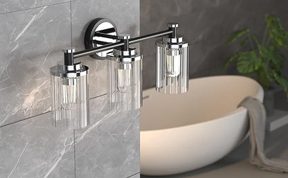 PHIXART Bathroom Lighting Fixtures Black and Chrome Bathroom Vanity Light with Cylindrical Clear Stripes Glass Lampshade E26 Socket Base Bathroom Lighting Fixtures Over Mirror (3 Lights)