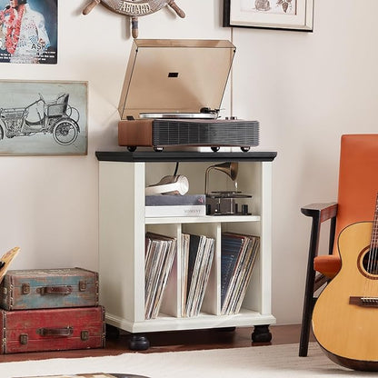 Joaxswe Record Player Stand with Charging Station Up to 200 Albums, 24" Wide Mid-Century Record Player Table with Vinyl Record Storage,Large Wood Turntable Stand Dispaly Cabinet for Living Room,White