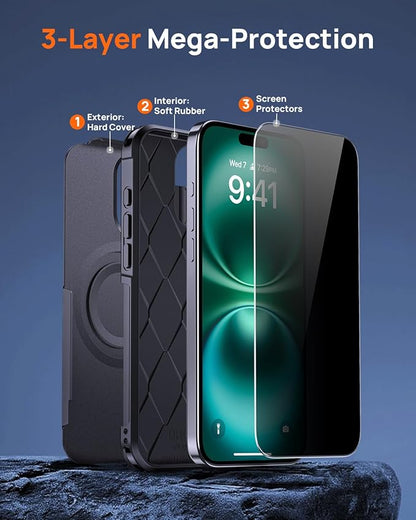 Lanhiem Magnetic for iPhone 16 Pro Case, with [2 Pcs Privacy Screen Protector] [Compatible with MagSafe] Shockproof Heavy Duty Military Grade Protective Phone Case Cover for iPhone 16 Pro (Black)