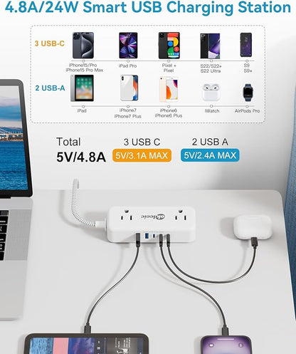 Power Strip with USB C, Small Extension Cord with 4 Outlets & 2 USB-A and 3 USB-C Ports 4.8A/24W Charging Station, 3 Ft 2 Sides Outlet Extender Non Surge Protector for Cruise Ship Travel Office Dorm