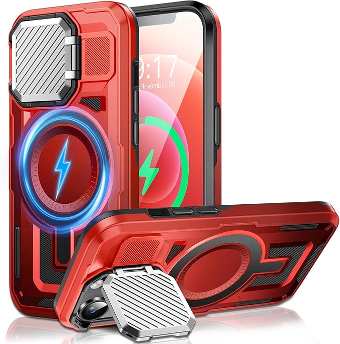 Camera Stand Case for iPhone 12/12 Pro, [Compatible with MagSafe] [Lens Cover] 2024 Version Military Grade Protective Soft Case for iPhone 12/12 Pro 6.1 inch Men Women, Red