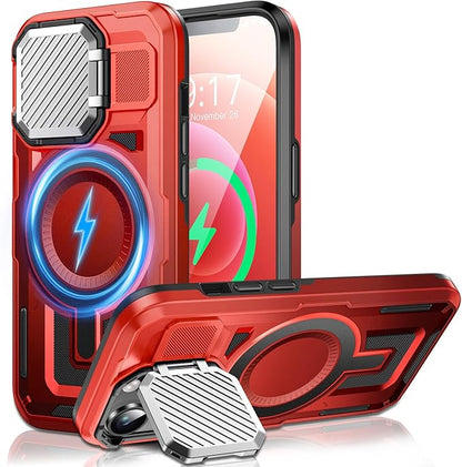 Camera Stand Case for iPhone 12/12 Pro, [Compatible with MagSafe] [Lens Cover] 2024 Version Military Grade Protective Soft Case for iPhone 12/12 Pro 6.1 inch Men Women, Red