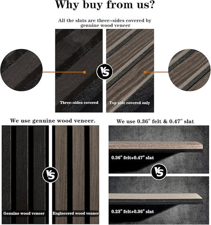 ARMURO Wood Panels for Wall, Wood Slat Wall Panel - 2 Pack, Black Wood Slats for Wall, Natural Smoked Wood Veneer Accent Wall Panels, Acoustic Slat Wood Wall Panels - 12.6" W x 94.5" L