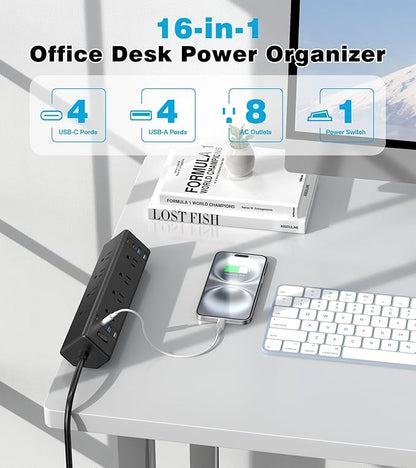 40W Fast Charging Station,Desk Clamp Power Strip,4 USB-C Ports & 8 AC Outlets,Desktop Edge Mount Surge Protector Power Strip,14AWG Heavy Duty Cord,Fit 1.9" Tabletop Edge for Home Office(10Ft Cable)