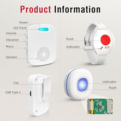 CallToU Caregiver Pager Wireless Call Buttons for Elderly Monitoring Portable Call Bell with 2 Panic Button and 1 USB Receiver,500ft Range Nurse Alert System for Home Care Seniors (FCC Certified)