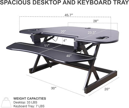 Rocelco 46" Height Adjustable Corner Standing Desk Converter with Dual Monitor Arm Mount Bundle - Sit Stand Up Tabletop Computer Workstation Riser - Extra Large Keyboard Tray - Black (R CADRB-46-MA2)