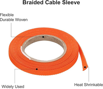 MECCANIXITY Braided Cable Sleeves Heat Shrinkable Fabric Sleeving, 1/4" 16ft Orange 2:1 Ratio Heat Shrinkable Cord Protector for Harness Cable, Network Cable Protection, Cable Management
