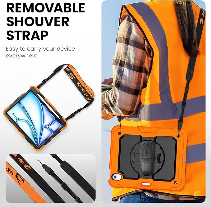 timecity Case for iPad Air 11 Inch M3/ M2 (2025/2024), 360° Rotating Stand, Pencil Holder & Wireless Charging, Shockproof with Screen Protector & Shoulder Strap - for Designers, Orange