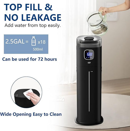 KZF Large Humidifier for Bedroom, 9L/2.5Gallon Ultrasonic Cool Mist Humidifier with Humidistat, 360°Nozzle, 350ML/H Big Mist Level, Suitable for Kids Room Livingroom Yoga Office Plant