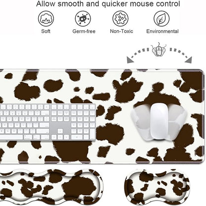 Ergonomic Keyboard Wrist Rest & Mouse Pad Wrist Rest Set, Large XXL Gaming Desk Mat 31.5"x 11.8" with Memory Foam, Easy Typing Pain Relief for Office & Home, Cow Print