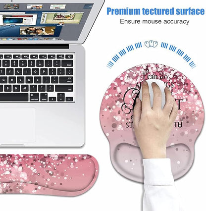Keyboard Wrist Rest + Mouse Pad Wrist Support Set with Coasters, Non-Slip PU Base Ergonomic Mousepad for Home Office Working Studying Easy Typing & Pain Relief, Pink Background Bible Verse Phil 4-13