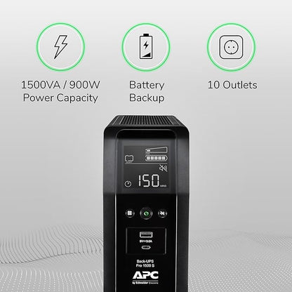 APC UPS 1500VA Sinewave UPS Battery Backup, BR1500MS2 Backup Battery Power Supply, AVR, 10 Outlets, (2) USB Charger Ports