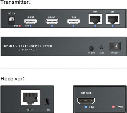 HDMI Extender Splitter1x2 HD 4K @60Hz up to 60m(196ft)-Loop Out-Over CAT5/CAT6/CAT7 Cable HDMI Transmitter and Receiver with IR Power Switch and EDID