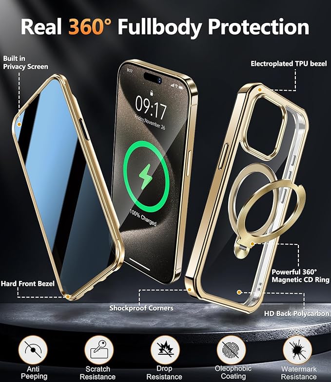 [360° Rotatable CD Stand & Built-in Privacy Screen Magnetic Case for iPhone 15 Pro [Compatible with MagSafe & Full Signal] Mil-Grade Shockproof Full Body Anti-Spy Cover for 15 Pro-Gold
