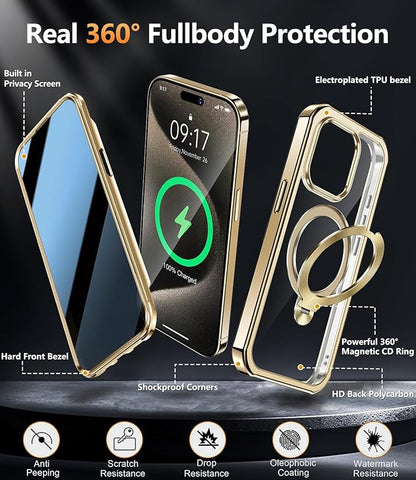 [360° Rotatable CD Stand & Built-in Privacy Screen Magnetic Case for iPhone 15 Pro [Compatible with MagSafe & Full Signal] Mil-Grade Shockproof Full Body Anti-Spy Cover for 15 Pro-Gold