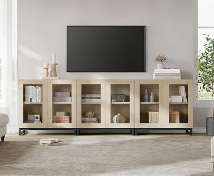 WAMPAT Modern TV Stand with Glass Doors for 110 inch TVs, 3 in 1 Entertainment Center Console with Adjustable Shelves and Metal Base for Living Room, Bedroom, Light Oak