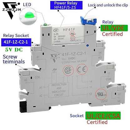 10Pcs 5 Volt Relay Miniature Power Relay 5V DC 6Amp SPDT with LED Indicator Socket Base 41F-1Z-C2 with Jumper Separator Socket Base DIN Rail UL Certification