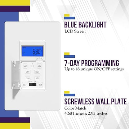 Enerlites 7 Days Digital in-Wall Programmable Timer Switch for Lights, Fans, and Motors, Single Pole, Neutral Wire Required, 7-Day 18 ON/Off Timer Settings, with Blue Backlight, HET01, White, 4 Pack