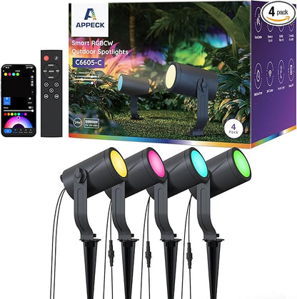 APPECK Smart Outdoor Spot Lights 24W, RGBCW Color Changing Landscape Lights 4 Pack, IP65 Waterproof Low Voltage Landscape Lighting, App/Voice/Remote Control, for Garden Yard Pathway Holiday Decor