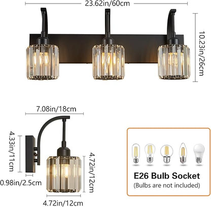 FDPBY 3-Light Crystal Vanity Light, Modern Black Bathroom Wall Sconce with K9 Crystal Shades, 23.62" Long Over Mirror Lighting for Vanity, Makeup, Hallway, Elegant & Durable