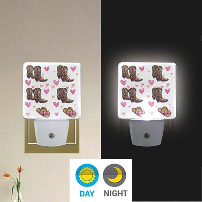 Pigsaly Led Night Light Cowgirl Hat Boots Pink Bow Hearts Night Light Plug in Wall Lamp Smart Dusk to Dawn Sensor Nightlight Led Lamp Energy Saving Lights Gift for Kids Room Bedroom Bathroom Hallway