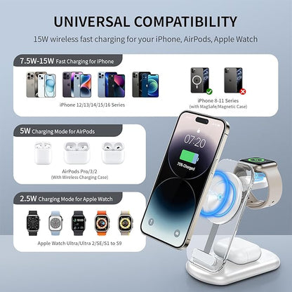 RYND 2026 Travel Wireless Mag-Safe Fast Charging Station,Magnetic 3 in 1 Charger with Light for iPhone16 15 14 13 12 Pro Max Plus,Apple Watch Series & Air pods 4 3 2 Pro-Gifts for Wife & Husband(Cyan)