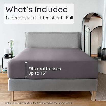 Bambaw 100% Viscose Derived from Bamboo Fitted Sheet Full Size, Cooling Fitted Sheets Only, Full Mattress Fitted Sheet Only, 15’’ Deep Gray Fitted Sheet Full, Soft Fitted Sheet with Straps (Dark Gray)