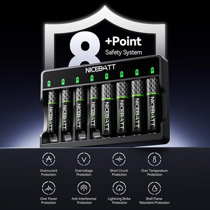 Smart 8 Bay AA AAA Battery Charger, Over-Discharge Damage Repair, USB Type-C Fast Charging for Ni-MH Ni-CD Rechargeable Batteries