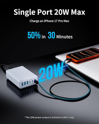 USB C Fast Charger, 105W GaN 6-Port Desktop USB Charging Station Hub, USB C Charger Block Wall Charger for iPhone 17/16/15/14/13/12/11, iPad, Samsung and More (Cable Organizer Included)