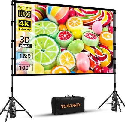 TOWOND Projector Screen with Stand, 100 inch Outdoor Projector Screen Portable Indoor Projection Screen 16:9 4K Rear Front Movie Screen with Carry Bag for Home Backyard Theater