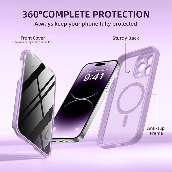 BERFY Magnetic for iPhone 14 Pro Max Case,Compatible with MagSafe,Built-in Privacy Screen Protector and Upgraded Camera Protection,Anti-Spy Full Body Shockproof Phone Case for 14 Pro Max, Light Purple