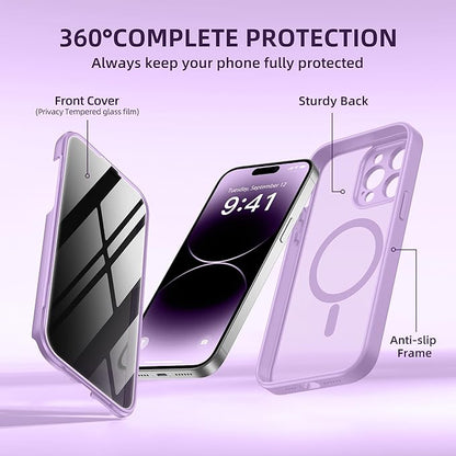 BERFY Magnetic for iPhone 14 Pro Max Case,Compatible with MagSafe,Built-in Privacy Screen Protector and Upgraded Camera Protection,Anti-Spy Full Body Shockproof Phone Case for 14 Pro Max, Light Purple