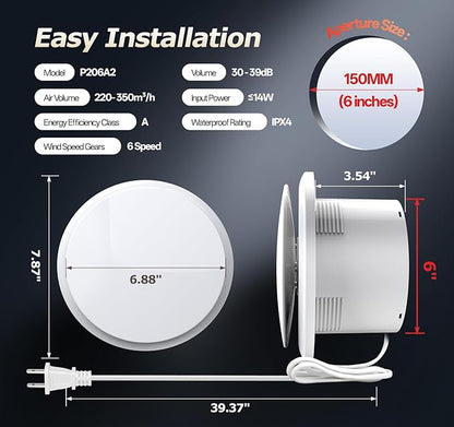 RUBBUL 6 inch Bathroom Exhaust Fan with Remote 2 Way 6 Speed Upgraded Powerful Low Noise Vent Fan 3000RPM DC Motor Energy Saving Household Ventilation Fans for Attic Basement Garage Washroom VP206A29