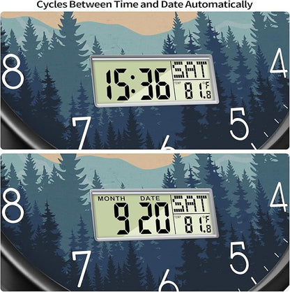 Silent Wall Clock with Day Week Temperature Wilderness with Sunset Non-ticking Battery Operated Large Digital Modern Clocks Display with Calendar and Date for Kitchen Farmhouse Bathroom Office 12 Inch