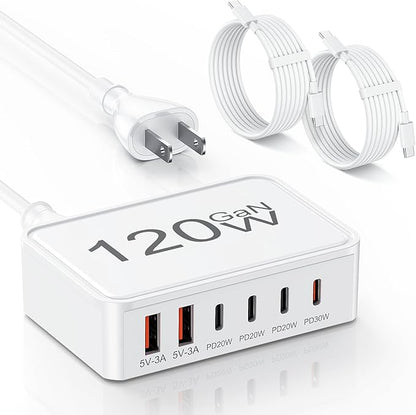 USB C Charger Block,120W GaN 6 Port Type C Fast Charging Station Hub,5FT Cord USB C Wall Charger Adapter Plug for iPad, iPhone 17, 16, 15, 14, 13, 12 Pro Max, Pixel, Galaxy and More